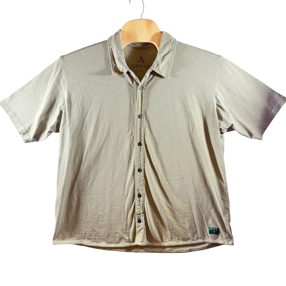 424 | Orvis Men XXL Khaki Cotton Knit Resort Camp Shirt Relaxed Fit Short Sleeve